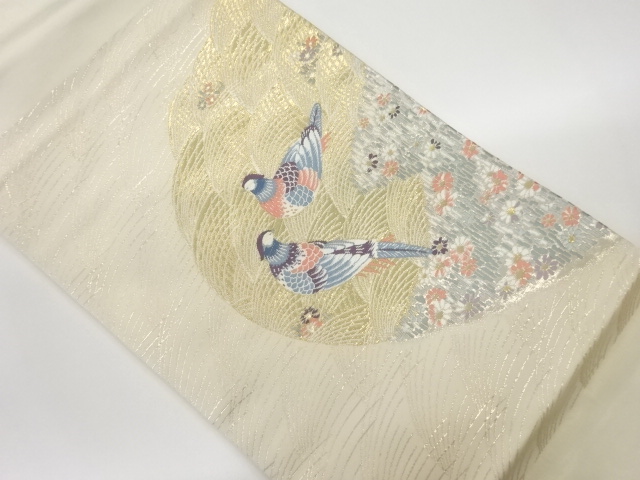 鳥に波・花々模様織出し名古屋帯